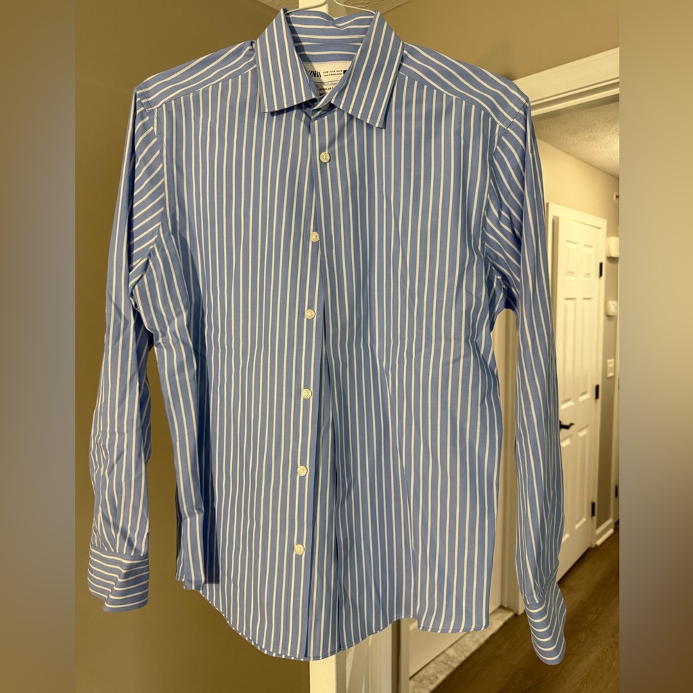 Zara Blue and White Striped Dress Shirt